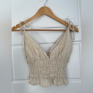 Cream Ruffled Crop Top Frilly Linen blend Bohemian Cottage Prairie Y2K Size S